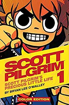 Scott Pilgrim's precious little life by Bryan Lee O’Malley book cover with cartoon person with teethy grin, big eyes and fist out