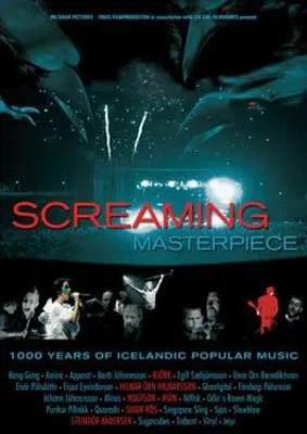 Screaming Masterpiece Movie Poster with black and white images of people at bottom and blue and black tinted image above