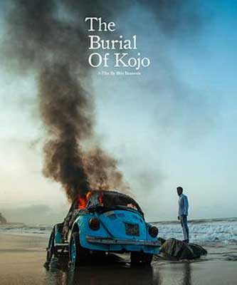 The Burial of Kojo Movie Poster with blue VW car on fire with black smoke coming out and person standing next to car