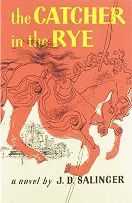 The Catcher In The Rye by J.D. Salinger book cover with sketched horse with red coloring and yellow lettering for title