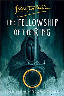 The Fellowship of The Ring by J.R.R. Tolkien book cover with person in robe with sword and golden ring floating in front
