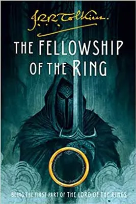 The Fellowship of The Ring by J.R.R. Tolkien book cover with person in robe with sword and golden ring floating in front