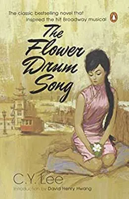 The Flower Drum Song by C.Y. Lee book cover with woman with dark hair in long braid and pink dress and cityscape sketched in background