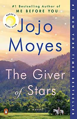 The Giver of Stars by Jojo Moyes book cover with purple and green mountains and yellow sky over them