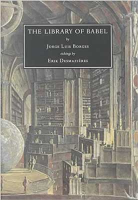 The Library of Babel by Jorge Luis Borges book cover with muted coloring of shelves filled with books