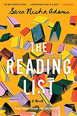 The Reading List by Sara Nisha Adams book cover with different color books falling all over yellow cover