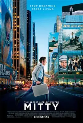 The Secret Life of Walter Mitty Movie Poster with white male with briefcase running across the road in a city