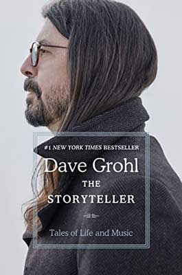 The Storyteller by Dave Grohl book coverr with white male with long brown hair, beard, and mustache