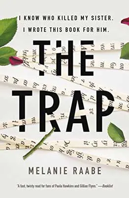 The Trap by Melanie Raabe book cover with cut up paper strands with words and green leaves