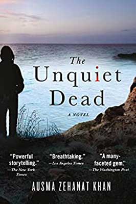 The Unquiet Dead by Ausma Zehanat Khan book cover with person standing on cliffs overlooking water