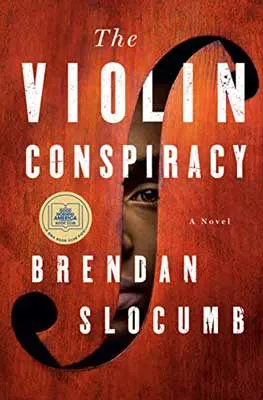 The Violin Conspiracy by Brendan Slocumb book cover with person looking between crack of a music note on red orange background