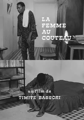 The Woman with the Knife Movie Poster with black and white images of one person sitting with head down and another walking in a room