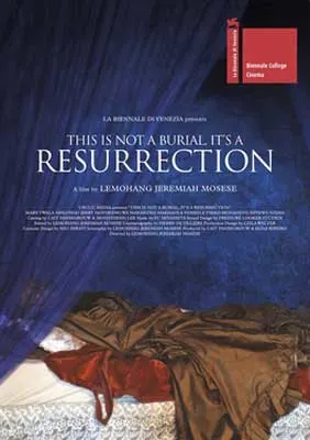 This Is Not a Burial, It's a Resurrection Movie Poster with brown and red garbs lying on bed with blue velvet curtains