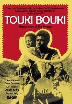Touki Bouki Film Poster with black and white image of two people riding on a motorbike and red and yellow background