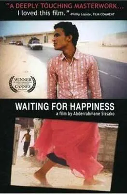 Waiting for Happiness Film Poster with image of person in red and white patterned collared shirt on street