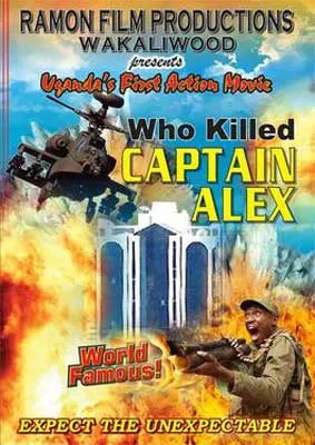 Who Killed Captain Alex Movie Poster with helicopter above city on fire