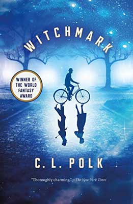 Witchmark by C.L. Polk book cover with person riding bike between two trees