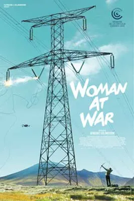 Woman at War Film Poster with power line structure and blue sky with white clouds