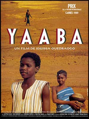 Yaaba Film Poster with two young Black children one in white and one in blue in sandy landscape