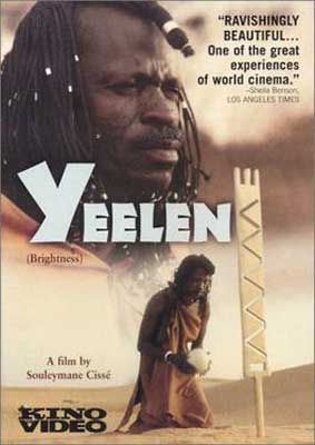 Yeelen Movie Poster with image of person's face on top of posterr and then person huddled and walking below