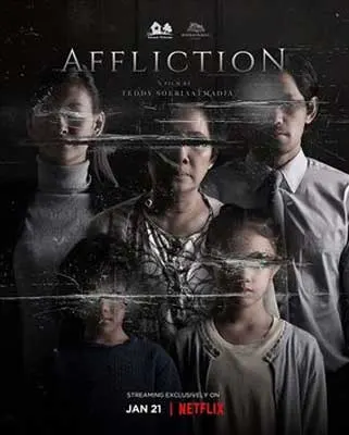 Affliction Movie Poster with images of 5 people with their mouths and yes scratched out