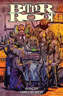 Bitter Root by David F. Walker, Chuck Brown, and Sanford Greene book cover with illustrated monster standing in front of group of people and creatures