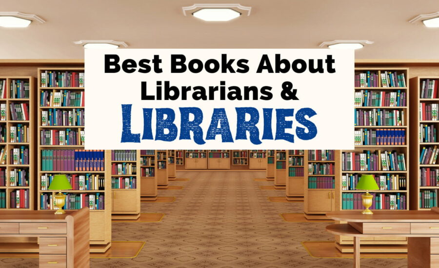 Books About Libraries with image of two rows of light brown shelves filled with books and desks in front