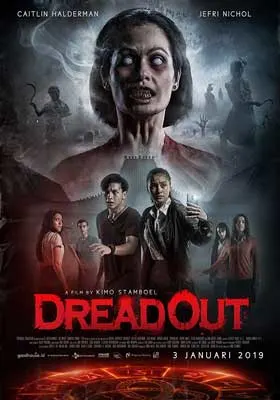 DreadOut Film Poster with image of zombie like person at top and groups of people below looking arround