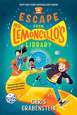 Escape from Mr. Lemoncello's Library by Chris Grabenstein book cover with illustrated image of kids running along a golden path