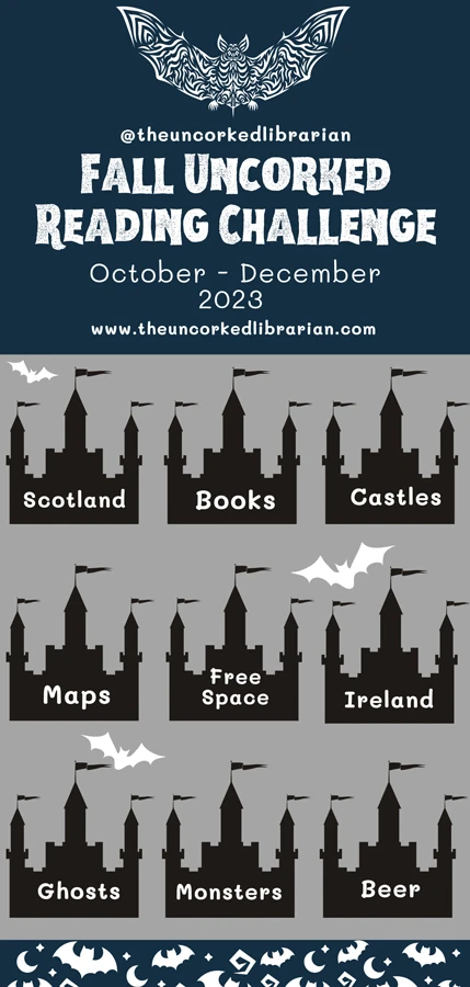 Fall Winter Uncorked 2023 Book Challenge with castle bingo spots and bats all around it