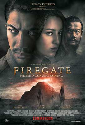 Firegate Film Poster with image of rock landscape with light above it and three people's faces at top of poster