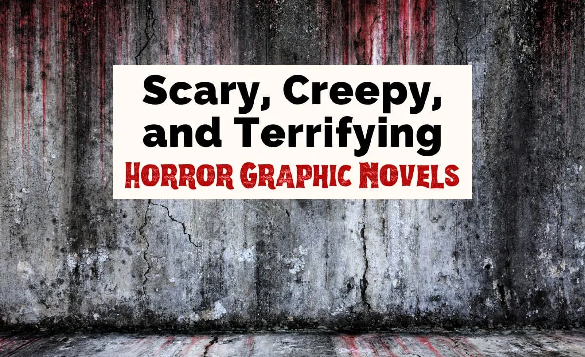 Horror Graphic Novels with concrete wall with red blood dripping down it