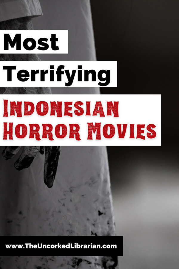 Indonesian Horror Films with image of person inn white dress with finger down covered in dark stuff like blood