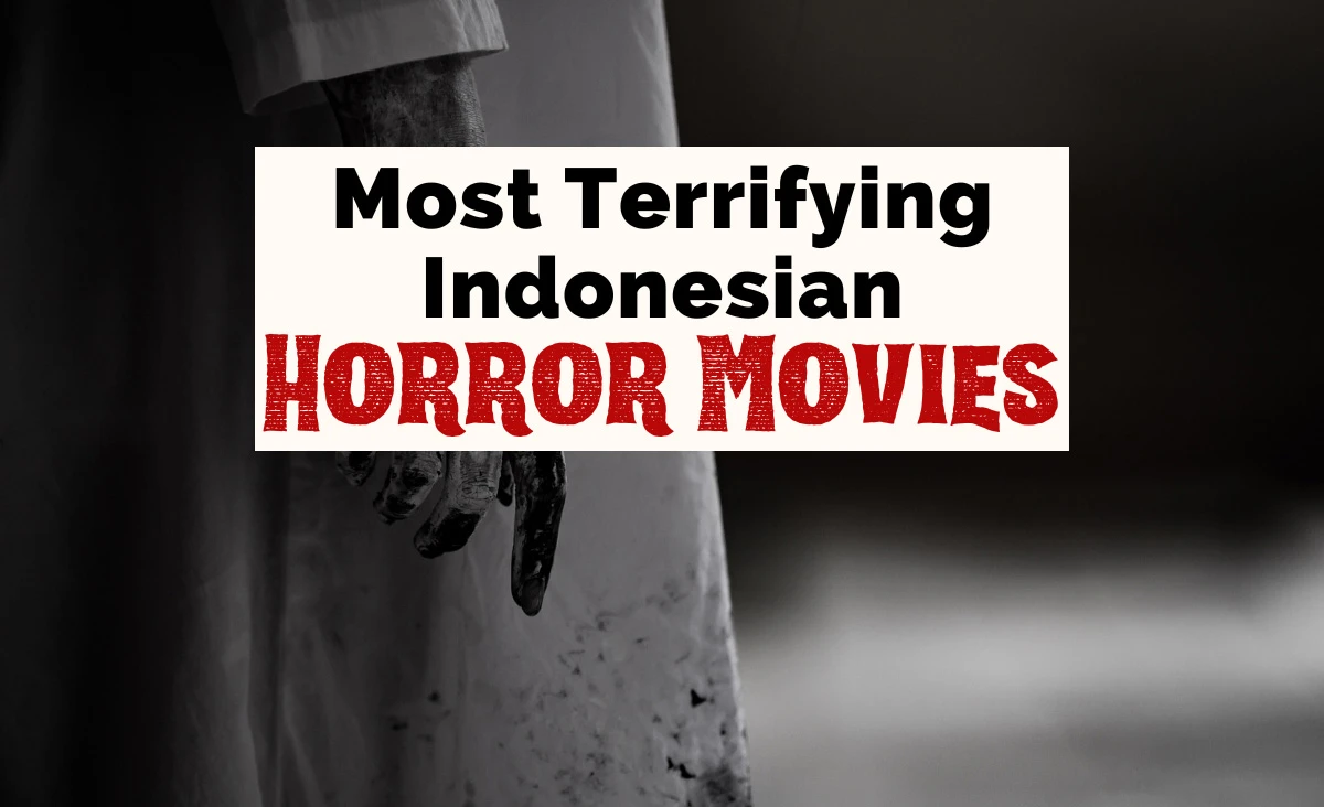 Indonesian Horror Movies with black and white image of person with finger pointed down and looks to be covered in something dark