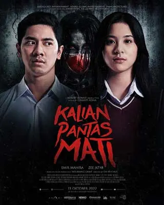 Kalian pantas mati Movie Poster with man and woman in collared shirts with ghost behind them