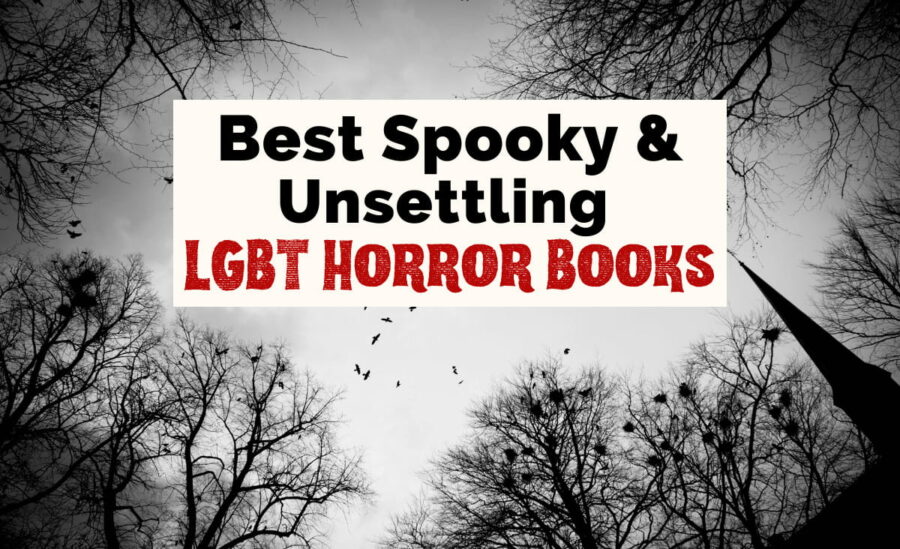 LGBT Horror Books with black and white image of trees from ground view looking up and church spire