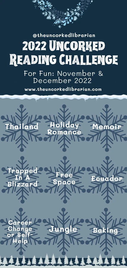 Newcomer 2023 Reading Challenge Bingo Card with November and December end of year themes - for fun - like Thailand, holiday romance, memoir, and free space placed over snowflake graphics