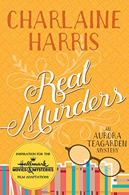 Real Murders by Charlaine Harris book cover with illustrated glasses and lined up books