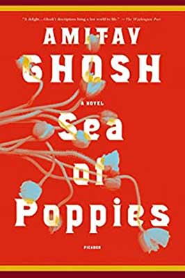 Sea of Poppies by Amitav Ghosh book cover with blue poppies on red background