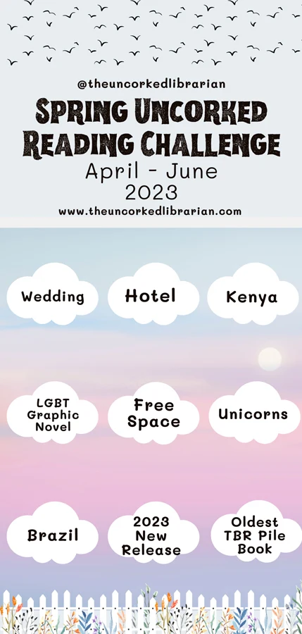 Spring Uncorked Reading Challenge 2023 Bingo Card with birds on top, cloud bingo spots, and fence with flowers at base