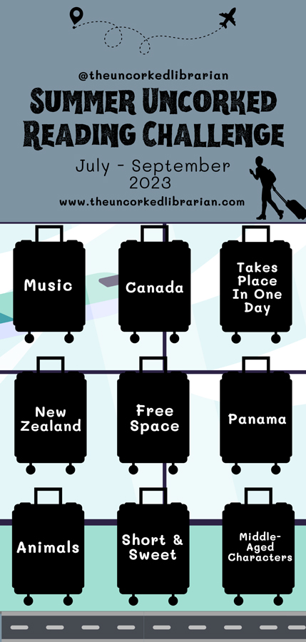 Summer 2023 Uncorked Reading Challenge with airplane at top, person walking with suitcase, and then luggage bingo card spots with road border along the bottom