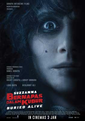 Suzzanna Buried Alive Movie Poster with face with a spot on the cheek under wide open eye