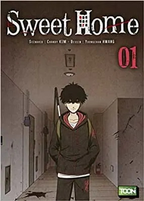 Sweet Home by Kim Carnby and Youngchan Hwang book cover with person with short black hair in dark colored hooded inn gray brown room