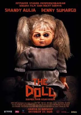 The Doll Movie Poster with image of white blonde doll with creepy face in gray dress