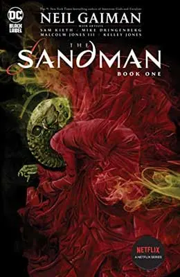 The Sandman by Neil Gaiman book cover with swirl of red like sand