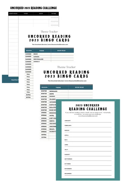 Uncorked 2023 Reading Challenge Trackers with image of 4 trackers with dates, months, seasons, reading challenge themes, and blanks to fill in books you've read with turquoise and black color scheme