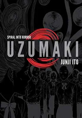 Uzumaki by Junji Ito book cover with people etched into black background and red circle