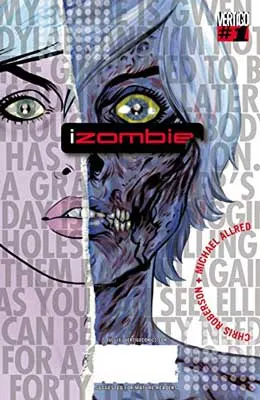 iZombie by Chris Roberson book cover with woman's face half human and half monster-esque with green eyes