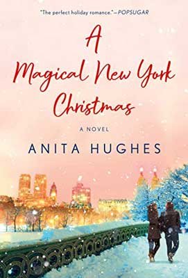 A Magical New York Christmas by Anita Hughes book cover with cityscape lit up and pink sky