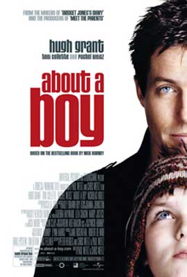 About a Boy movie poster with white man and young boy wearing hat